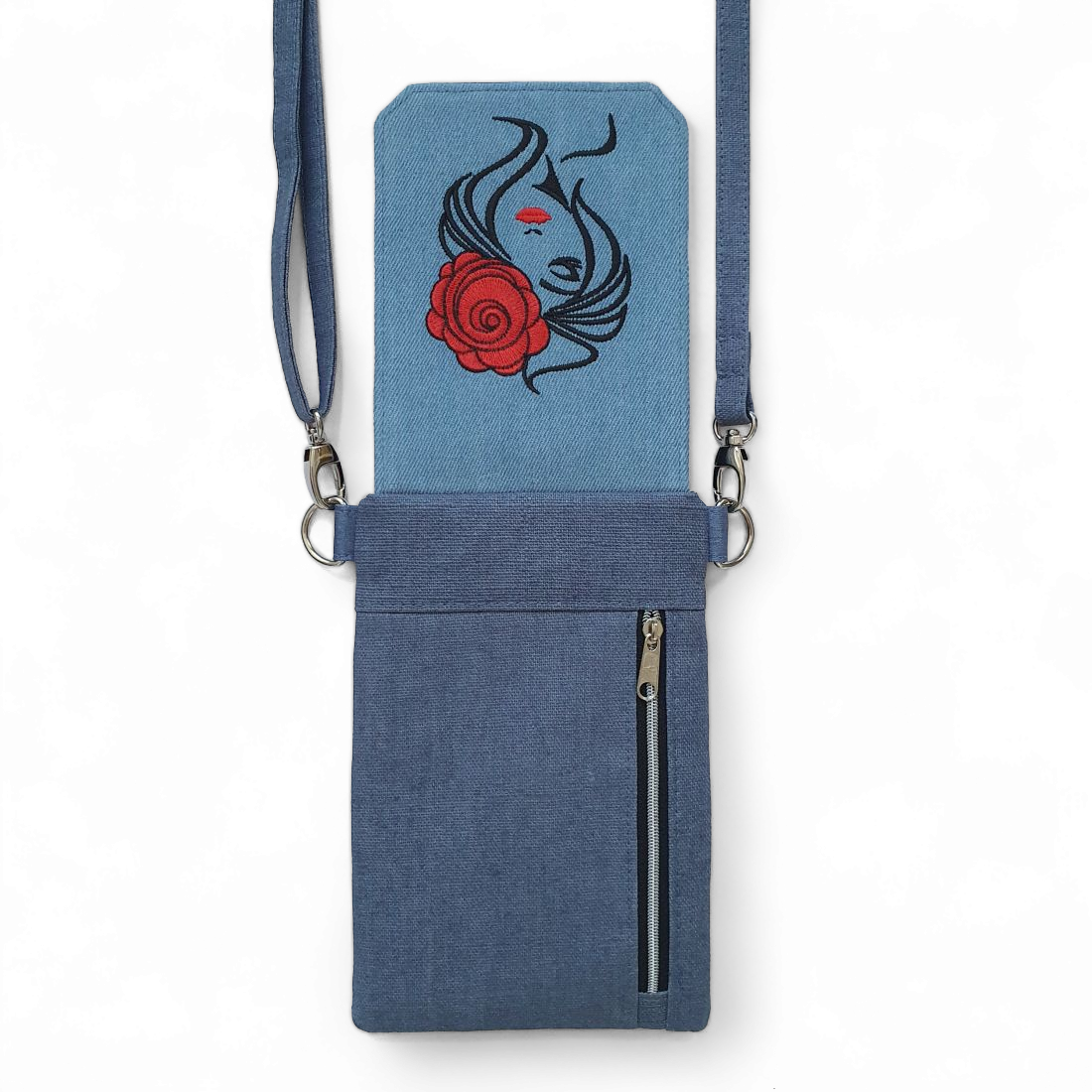 Handytäschchen mit Stickerei (jeansblau)